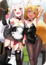 Rule 34 | 2girls, :3, :d, ^^^, animal ear fluff, animal ears, apron, arm behind head, arm up, armpits, bare shoulders, black gloves, black legwear, blonde hair, blush, bow, bowtie, breasts, brown legwear, choker, commentary request, detached collar, elbow gloves, embarrassed, facial mark, fang, flat chest, flying sweatdrops, fox ears, fox girl, fox tail, from below, garter straps, gloves, gluteal fold, hair between eyes, hair ornament, hews, highres, holding hands, indoors, interlocked fingers, leotard, long hair, miniskirt, multiple girls, nontraditional playboy bunny, open mouth, panties, pantyhose, parted bangs, pink panties, playboy bunny, red eyes, senko (sewayaki kitsune no senko-san), sewayaki kitsune no senko-san, shiro (sewayaki kitsune no senko-san), short hair, sidelocks, silver hair, skin fang, skirt, small breasts, smile, sparkle, sweat, tail, thick eyebrows, thighhighs, underwear, waist apron, whisker markings, yellow eyes