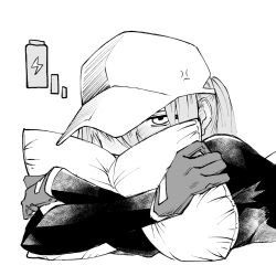 Rule 34 | 1girl, baseball cap, battery indicator, black shirt, girls&#039; frontline, gloves, greyscale, hat, highres, hug, long sleeves, looking at viewer, monochrome, pillow, ponytail, scar-h (girls&#039; frontline), shirt, simple background, solo, sugac, translation request, upper body, white background