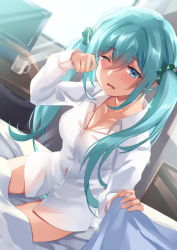 Rule 34 | 1girl, bed sheet, blouse, blue eyes, blue hair, blush, breasts, cleavage, collarbone, collared shirt, dress shirt, hair between eyes, hair ornament, hatsune miku, highres, indoors, inue ao, long hair, medium breasts, on bed, one eye closed, open clothes, open mouth, open shirt, panties, shirt, sitting, sleepy, solo, striped clothes, striped panties, sunlight, tears, twintails, under covers, underwear, very long hair, vocaloid, wavy mouth, white shirt, wing collar