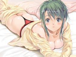 Rule 34 | 1girl, ass, bed, bed sheet, blue eyes, blush, breasts, character request, cleavage, clothes pull, collarbone, copyright request, female focus, green hair, long hair, looking at viewer, lying, maki aida factor, on stomach, panties, pants, pants pull, red panties, short hair, solo, source request, thong, underwear