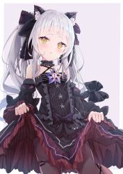Rule 34 | absurdres, animal ear fluff, black legwear, clothes lift, dress, dress lift, gothic lolita, hair ornament, halterneck, highres, hololive, lifting own clothes, lolita fashion, murasaki shion, murasaki shion (gothic lolita), outside border, pantyhose, print pantyhose, purple background, red pantyhose, simple background, sonoji, tagme, virtual youtuber, white hair