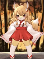 Rule 34 | 1girl, ahoge, animal ear fluff, animal ears, brown eyes, brown hair, commission, fox ears, fox girl, fox tail, full body, furry, furry female, hand on own hip, highres, huton iinioi, japanese clothes, kimono, kneehighs, long hair, looking at viewer, miko, miniskirt, original, outdoors, red skirt, sandals, skeb commission, skirt, sleeves past wrists, smile, socks, solo, standing, tail, thighs, white kimono, white socks