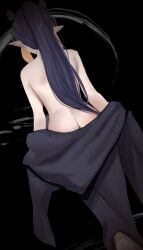 1girl bare_shoulders black_background butt_crack from_behind high_ponytail highres hololive hololive_english long_hair ninomae_ina&#039;nis orange_hair pointy_ears ponytail purple_hair redi_(rasec_asdjh) simple_background sketch solo tentacle_hair virtual_youtuber