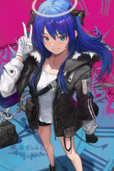 Rule 34 | 1girl, absurdres, arknights, asymmetrical gloves, bare legs, black gloves, black jacket, blue eyes, blue hair, blush, commentary, feet out of frame, gloves, grin, hair between eyes, halo, hand up, highres, horns, jacket, jewelry, ko-ma, long hair, long sleeves, looking at viewer, mismatched gloves, mostima (arknights), necklace, parted lips, pouch, roman numeral, shirt, smile, solo, standing, v, white gloves, white shirt