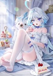 Rule 34 | 1girl, ahoge, bed, blue eyes, blue ribbon, cake, cake slice, cupcake, dress, eating, feet, food, furina (genshin impact), genshin impact, highres, holding, holding food, legs, looking at viewer, no shoes, open mouth, plate, ribbon, rity, soles, thighhighs, thighs, white curtains, white dress, white hair, white thighhighs