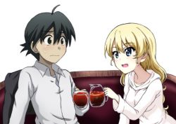 Rule 34 | 1boy, 1girl, ahoge, black eyes, black hair, blonde hair, blue eyes, breasts, closed mouth, collared shirt, couch, crossover, cup, darjeeling (girls und panzer), dating, dress, dress shirt, girls und panzer, hair between eyes, holding, holding cup, hood, hood down, itou makoto, jacket, key (gaigaigai123), light blush, long hair, long sleeves, medium breasts, on couch, open collar, open mouth, school days, shirt, simple background, sitting, smile, sweatdrop, tea, unworn jacket, upper body, white background, white dress, white shirt