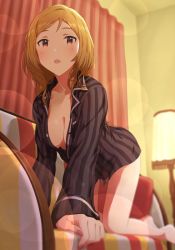 Rule 34 | 10s, 1girl, :o, all fours, bare legs, barefoot, blonde hair, blurry, blush, breasts, brown eyes, cleavage, collarbone, couch, curtains, cushion, dani-ikapi, depth of field, dress shirt, fringe trim, from below, idolmaster, idolmaster million live!, indoors, lamp, lens flare, long hair, long sleeves, looking at viewer, medium breasts, momose rio, nail, nail polish, naked shirt, no bra, no pants, on couch, open mouth, pajamas, parted bangs, pink nails, shirt, solo, striped clothes, striped shirt, tilt shift, unbuttoned, vertical-striped clothes, vertical-striped shirt