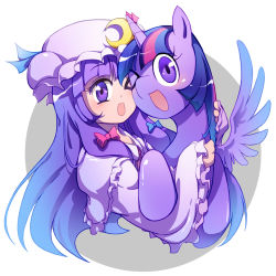 Rule 34 | &gt; o, 1girl, ;d, cheek-to-cheek, crossover, hat, heads together, horns, hug, long hair, looking at viewer, mob cap, my little pony, my little pony: friendship is magic, one eye closed, open mouth, patchouli knowledge, pony (animal), purple eyes, purple hair, single horn, smile, touhou, twilight sparkle, white background, xin yu hua yin, zxyon2008
