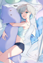 Rule 34 | 1girl, absurdres, armpits, bare shoulders, bed, bed sheet, black shorts, blue eyes, blue hair, blue pajamas, blunt bangs, body pillow, camisole, colored inner hair, grey hair, hair ornament, head rest, highres, indoors, kaga sumire, light blue hair, looking at viewer, lying, multicolored hair, hugging object, okishiro, on side, one eye closed, open clothes, open mouth, pajamas, pillow, pillow hug, short hair, short shorts, shorts, signature, solo, streaked hair, sunlight, thighs, virtual youtuber, vspo!, waking up, white camisole, zzz