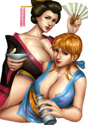Rule 34 | 2girls, black hair, blue eyes, blush, bottle, breast press, breasts, cleavage, female focus, folding fan, from above, geisha, gold, hand fan, highres, hip focus, huge breasts, japanese clothes, kimono, large breasts, lips, long hair, looking at viewer, lying, money, multiple girls, nami (one piece), navel, nico robin, nipples, no bra, no panties, off shoulder, one piece, orange hair, tagme, thick thighs, thighs, wide hips, yukata