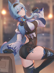 Rule 34 | 1girl, absurdres, ass, black gloves, black thighhighs, blue hair, blue necktie, boots, breasts, cape, cat, cat tail, closed mouth, elysion (16869144), eula (genshin impact), genshin impact, gloves, hairband, high heels, highres, kemonomimi mode, large breasts, leotard, long sleeves, looking at viewer, necktie, smile, solo, tail, thick thighs, thigh boots, thighhighs, thighs, zettai ryouiki