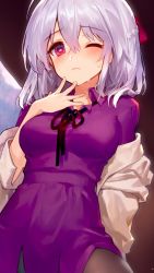 Rule 34 | 1girl, ainy, black pantyhose, black ribbon, blush, braid, breasts, brown background, commentary request, cowboy shot, dress, french braid, gradient background, grey jacket, hair between eyes, hair ribbon, hand up, highres, jacket, kishin sagume, long sleeves, looking at viewer, medium breasts, neck ribbon, off shoulder, one eye closed, open clothes, open jacket, pantyhose, pink eyes, purple dress, red ribbon, ribbon, short hair, silver hair, solo, sweat, touhou