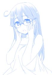 Rule 34 | 10s, 1girl, bare shoulders, bed sheet, bespectacled, blue theme, glasses, hair between eyes, himura kiseki, kantai collection, long hair, looking at viewer, monochrome, naked blanket, naked sheet, open mouth, solo, ushio (kancolle)