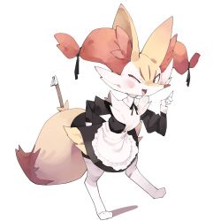 Rule 34 | 1girl, absurdres, animal ear fluff, animal ears, animal hands, animal nose, apron, black dress, black fur, black ribbon, blush, body fur, braixen, clothed pokemon, creatures (company), detached collar, dress, female focus, flat chest, fox ears, fox girl, fox tail, frilled apron, frills, full body, game freak, gen 6 pokemon, hair ribbon, hand on own hip, hand up, happy, highres, juliet sleeves, leg up, long sleeves, looking at viewer, maid, multicolored fur, neck fur, neck ribbon, nintendo, one eye closed, open mouth, pokemon, pokemon (creature), puffy sleeves, red eyes, ribbon, short dress, simple background, smile, snout, solo, standing, standing on one leg, tail, thighhighs, waist apron, white apron, white background, white fur, white thighhighs, wink, yellow fur, youjo modoki