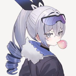 Rule 34 | 1girl, angry, black jacket, chewing gum, closed mouth, commentary request, drill hair, drill ponytail, ear piercing, fur-trimmed jacket, fur trim, goggles, goggles on head, gradient hair, grey eyes, grey hair, highres, honkai: star rail, honkai (series), jacket, looking at viewer, looking back, multicolored hair, piercing, ponytail, purple-tinted eyewear, purple hair, silver wolf (honkai: star rail), simple background, solo, tearing up, tinted eyewear, two-tone hair, upper body, v-shaped eyebrows, white background, zenshin
