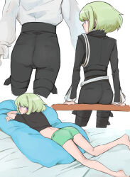 Rule 34 | 1boy, alternate costume, ass, ass focus, aus vaka, barefoot, bed sheet, belt, black jacket, black pants, black shirt, blanket, blush, earrings, frilled sleeves, frills, green hair, green male underwear, highres, jacket, jewelry, lio fotia, long sleeves, looking back, loose belt, lying, male focus, male underwear, multiple belts, multiple views, no jacket, on bed, on stomach, pants, promare, puffy sleeves, purple eyes, shirt, short hair, smile, thigh belt, thigh strap, triangle earrings, underwear, white background, white belt, white shirt