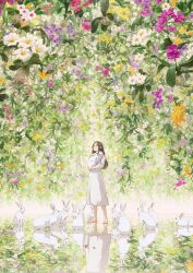 Rule 34 | 1girl, animal, barefoot, brown hair, commentary, day, dress, english commentary, flock, flower, highres, holding, holding animal, long hair, long sleeves, looking ahead, looking up, nature, original, parted hair, petals, pink flower, plant, purple flower, rabbit, reengirl, reflective floor, standing, vines, white dress, white flower, wide shot, yellow flower