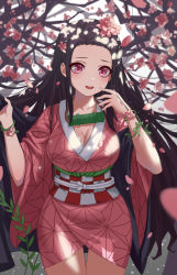 Rule 34 | 1girl, :d, absurdres, bamboo, bit gag, black hair, blurry, blurry background, blush, branch, breasts, checkered sash, cleavage, commentary request, depth of field, flower, forehead, gag, gag around neck, unworn gag, hair flower, hair ornament, hairclip, highres, japanese clothes, kamado nezuko, kimetsu no yaiba, kimono, long hair, medium breasts, obi, open clothes, open mouth, parted bangs, pink kimono, red eyes, red flower, sash, short sleeves, smile, solo, teeth, upper teeth only, user wpch8538, very long hair, wide sleeves