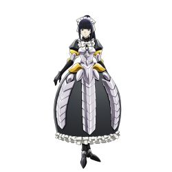 Rule 34 | 1girl, armor, armored dress, black eyes, black hair, cross, doppelganger, frown, full body, high ponytail, long hair, looking at viewer, maid, maid headdress, monster girl, narberal gamma, official art, overlord (maruyama), solo, transparent background, white background
