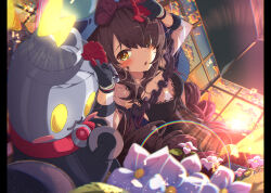 Rule 34 | 1girl, ama rei, arms up, black dress, black gloves, blush, breasts, brown hair, cleavage, cleavage cutout, clothing cutout, dress, flower, gloves, gradient hair, hair ornament, hair over one eye, highres, hololive, long hair, looking at viewer, mechanical arms, medium breasts, multicolored hair, official alternate costume, open mouth, purple hair, roboco-san, roboco-san (night dress), robosaa (roboco), sleeveless, sleeveless dress, solo, stuffed toy, sunset, virtual youtuber, window, yellow eyes