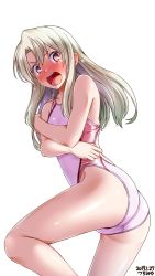 Rule 34 | 1girl, @ @, artist name, ass, blonde hair, breasts, closed mouth, collarbone, competition swimsuit, covered navel, cowboy shot, dated, embarrassed, fate/kaleid liner prisma illya, fate (series), flat chest, hair between eyes, highres, illyasviel von einzbern, long hair, looking at viewer, one-piece swimsuit, open mouth, pink one-piece swimsuit, prisma illya, red eyes, simple background, small breasts, solo, standing, sweatdrop, swimsuit, tears, thighs, tsuchimiya, white background, white hair