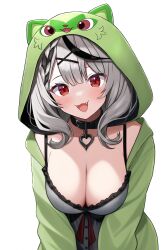 Rule 34 | 1girl, absurdres, black collar, black hair, blush, breasts, camisole, cleavage, collar, collarbone, creatures (company), fang, fangs, fangs out, frilled camisole, frills, game freak, green fur, green hoodie, grey hair, hair ornament, heart collar, highres, hololive, hood, hood up, hoodie, large breasts, medium hair, multicolored hair, nintendo, open mouth, pajamas, pokemon, red eyes, sakamata chloe, simple background, solo, sprigatito, starter pokemon trio, streaked hair, transparent background, urushinuri, virtual youtuber, white background, x hair ornament