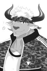 Rule 34 | 1boy, ?, animal ears, bara, camouflage, camouflage headwear, camouflage jacket, chest hair, closed mouth, commentary request, cow ears, cow horns, facial hair, furry, furry male, goatee, greyscale, headband, highres, horns, jacket, leaf, looking at viewer, male focus, minotaur, monochrome, mouth hold, muscular, muscular male, official alternate costume, open clothes, open jacket, shennong (housamo), short hair, smile, solo, stalk in mouth, tokyo houkago summoners, track jacket, unplugged line, upper body, white background