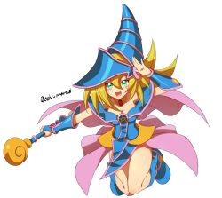Rule 34 | 1girl, blonde hair, blue footwear, blush, dark magician girl, duel monster, green eyes, hair between eyes, hat, holding, holding wand, long hair, looking at viewer, ochi marco, open mouth, pendant choker, showgirl skirt, simple background, smile, wand, white background, wizard hat, yu-gi-oh!