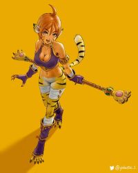 Rule 34 | 1girl, ahoge, bottomless, breasts, breath of fire, breath of fire ii, claws, cleavage, facial mark, female focus, fingerless gloves, gloves, holding, holding staff, looking at viewer, monster girl, orange eyes, orange hair, rinpoo chuan, shadow, short hair, simple background, solo, staff, tail, tiger tail, toeless footwear, twitter username, yellow background, yokatsu 1