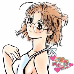Rule 34 | 00s, :3, apron, breasts, glasses, lowres, naked apron, rozen maiden, sakurada nori, sideboob, simple background, toshi hiroshi