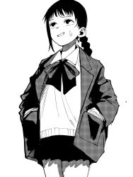 Rule 34 | 1girl, blazer, bow, bowtie, braid, clenched teeth, cowboy shot, greyscale, hands in pockets, highres, jacket, lapels, long sleeves, looking up, monochrome, natuya (natuya2014), open clothes, open jacket, original, school uniform, simple background, skirt, solo, sweat, sweater vest, teeth