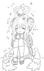Rule 34 | bandaid, blush, closed eyes, crying, double bun, e v e neko, hair bun, halo, highres, holding legs, mika (blue archive), monochrome, open mouth, shorts, simple background, sitting, sparkle, track suit, wings
