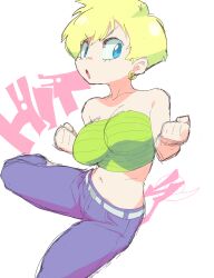 Rule 34 | 1girl, :o, aetherion, belt, blonde hair, blue eyes, blue pants, breasts, clenched hands, denim, dragon ball, dragonball z, earrings, erasa (dragon ball), green shirt, highres, jeans, jewelry, large breasts, medium breasts, midriff, navel, off shoulder, open mouth, pants, shirt, short hair, solo, strapless, tube top, white background