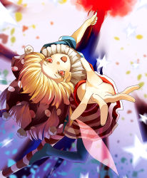 Rule 34 | 1girl, american flag dress, american flag legwear, american flag shirt, blonde hair, blurry, clownpiece, colored eyelashes, eredhen, fairy, fairy wings, from above, hat, highres, jester cap, long hair, looking at viewer, looking up, open mouth, outstretched arm, outstretched hand, pantyhose, red eyes, short sleeves, solo, spell card, star (symbol), torch, touhou, very long hair, wings