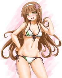 Rule 34 | 1girl, akimoto dai, bikini, blunt bangs, blush, breasts, cleavage, dated, flower, hair flower, hair ornament, hairband, halterneck, hand on own hip, helena (kancolle), highres, kantai collection, long hair, medium breasts, one-hour drawing challenge, open mouth, pink flower, side-tie bikini bottom, sidelocks, simple background, solo, string bikini, swimsuit, twitter username, two-tone background, wavy hair, white hairband, yellow eyes