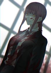 Rule 34 | 1girl, black jacket, black necktie, black pants, blood, blood on clothes, blood on face, blood stain, braid, braided ponytail, brown hair, business suit, chainsaw man, collared shirt, formal, highres, jacket, light smile, long hair, long jacket, makima (chainsaw man), necktie, office lady, pants, ringed eyes, shirt, shirt tucked in, smile, solo, suit, suyama kara, white shirt, yellow eyes