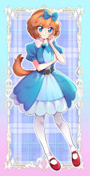 Rule 34 | 1girl, absurdres, animal ears, belt, black belt, blue bow, blue dress, blue eyes, blue ribbon, bow, brooch, brown hair, closed mouth, collared dress, commentary, delicious party precure, dog ears, dog girl, dog tail, dress, full body, hair bow, hand on own arm, hand on own face, heart, heart brooch, highres, jewelry, looking at viewer, mary janes, medium dress, mitsuki tayura, neck ribbon, outline, pam-pam (precure), pam-pam (precure) (human), pantyhose, precure, puffy short sleeves, puffy sleeves, red footwear, ribbon, shoes, short hair, short sleeves, smile, solo, standing, tail, white outline, white pantyhose