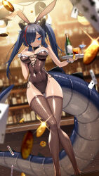 Rule 34 | 1girl, animal ears, black hair, black leotard, blue eyes, blurry, blurry background, blurry foreground, blush, bottle, breasts, cameltoe, card, cluseller, cocktail glass, cup, detached collar, dragon girl, dragon horns, dragon tail, drinking glass, dutch angle, fake animal ears, fishnet thighhighs, fishnets, hair over one eye, highleg, highleg leotard, highres, horns, kaida umi (dragoaman), large tail, leotard, long hair, medium breasts, multicolored hair, original, playboy bunny, playing card, rabbit ears, streaked hair, tail, thighhighs, twintails, wrist cuffs
