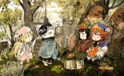 Rule 34 | 1boy, 5girls, animal, barefoot, black dress, black hair, blonde hair, blue capelet, blue headwear, bottle, brown eyes, brown hair, campfire, capelet, character request, clothed animal, commentary request, day, dress, goggles, goggles on headwear, green dress, green headwear, grey cloak, grey hair, hair between eyes, hakumei (hakumei to mikochi), hakumei to mikochi, hat, highres, hiranko, iwashi (hakumei to mikochi), konju (hakumei to mikochi), long hair, low ponytail, low twintails, mikochi (hakumei to mikochi), multiple girls, narai (hakumei to mikochi), outdoors, pink dress, pink headwear, ponytail, pot, profile, puffy short sleeves, puffy sleeves, rabbit, red eyes, sen (hakumei to mikochi), short eyebrows, short sleeves, signature, sitting, thick eyebrows, tree, twintails, very long hair, white dress, wine bottle