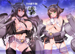 Rule 34 | 10s, 2girls, bad id, bad pixiv id, bare shoulders, black hair, blush, breasts, brown hair, covered erect nipples, gloves, green eyes, headgear, hekiten, huge breasts, kantai collection, multiple girls, mutsu (kancolle), nagato (kancolle), nipples, panties, puffy nipples, short hair, torn clothes, underwear