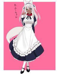 Rule 34 | 1girl, animal ear fluff, animal ears, apron, black dress, black footwear, blue eyes, blue ribbon, breasts, closed mouth, collar, commentary request, crossed legs, dark-skinned female, dark skin, dress, fox ears, fox girl, fox tail, frilled apron, frills, green eyes, hair between eyes, hair ribbon, hand up, head tilt, heterochromia, highres, juliet sleeves, kiyomin, large breasts, long hair, long sleeves, looking at viewer, maid, maid headdress, mary janes, original, pantyhose, pink background, pleated dress, puffy sleeves, red collar, ribbon, shoes, silver hair, smile, solo, standing, tail, translation request, two-tone background, two side up, very long hair, watson cross, white apron, white background, white pantyhose