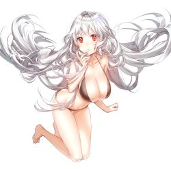 Rule 34 | 1girl, ahoge, bad id, bad pixiv id, bare legs, barefoot, bikini, black bikini, blush, breasts, cleavage, collarbone, dore (gilles dore), floating hair, full body, grey hair, hand up, highres, kneeling, large breasts, long hair, looking at viewer, navel, original, parted lips, red eyes, sidelocks, solo, swimsuit, tareme, thighs, transparent background, wavy hair