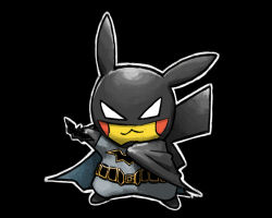 Rule 34 | :3, animal focus, arm up, batarang, batman, batman (cosplay), batman (series), belt, black background, black cape, black footwear, black gloves, black theme, blacknirrow, blank eyes, blush stickers, bodysuit, cape, closed mouth, clothed pokemon, cosplay, creatures (company), dc comics, full body, game freak, gen 1 pokemon, gloves, grey bodysuit, happy, holding, justice league, looking at viewer, mask, nintendo, no humans, outline, pikachu, pokemon, pokemon (creature), shoes, simple background, smile, solo, standing, straight-on, white eyes, white outline