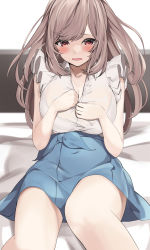 Rule 34 | 1girl, :o, bare legs, bed, bed sheet, blue skirt, blush, bra visible through clothes, breasts, brown hair, cleavage, embarrassed, enri madoka, feet out of frame, frilled sleeves, frills, highres, idolmaster, idolmaster shiny colors, large breasts, long hair, on bed, shirt, sitting, skirt, sleeveless, sleeveless shirt, solo, tennis skirt, tsukioka kogane, undressing
