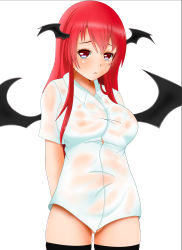 Rule 34 | 1girl, :&lt;, arms behind back, blouse, blush, bottomless, breasts, female focus, head wings, hifumi kei, highres, koakuma, large breasts, long hair, looking at viewer, nipples, no bra, no panties, red eyes, red hair, see-through, shirt, simple background, solo, thighhighs, touhou, wet, wet clothes, white shirt, wings