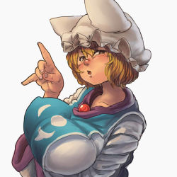 Rule 34 | 1girl, blonde hair, blush, breast hold, breast rest, breasts, chanta (ayatakaoisii), dress, fingernails, fox shadow puppet, from side, hand gesture, hat, huge breasts, looking at viewer, looking to the side, nose, open mouth, outline, short hair, simple background, solo, tabard, touhou, upper body, white background, white dress, wide sleeves, yakumo ran, yellow eyes