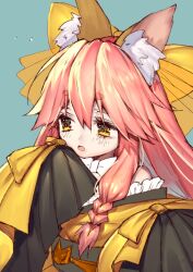 Rule 34 | 1girl, animal ear fluff, animal ears, bare shoulders, blue background, bow, commentary request, fate/samurai remnant, fate (series), fox ears, hair bow, japanese clothes, kimono, long hair, mogullaz, open mouth, short eyebrows, simple background, sketch, sleeves past fingers, sleeves past wrists, solo, tamamo (fate), tamamo aria (fate), upper body, wide sleeves, yellow eyes, yellow kimono