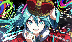 Rule 34 | 1girl, :d, absurdres, adjusting clothes, adjusting headwear, anniversary, aqua eyes, aqua hair, aqua nails, aqua necktie, bass clef, beads, cape, chromatic aberration, collared shirt, commentary, crown, dot nose, fur-trimmed cape, fur trim, gem, hair beads, hair between eyes, hair ornament, hand up, hatsune miku, headset, highres, itogari, long hair, microphone, nail polish, necktie, open mouth, portrait, red cape, shirt, smile, solo, straight-on, teeth, treble clef, twintails, upper teeth only, vocaloid