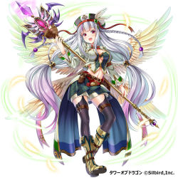 Rule 34 | 1girl, absurdres, black thighhighs, breasts, cleavage, earrings, feathered wings, garter straps, green skirt, hat, highres, holding, holding weapon, jewelry, long hair, looking at viewer, medium breasts, midriff, navel, pleated skirt, red eyes, silver hair, simple background, skirt, solo, staff, thighhighs, tower of dragon, violetshit, weapon, white background, wings