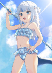 Rule 34 | 1girl, :d, absurdres, artist request, bikini, blue bikini, blue bow, blue eyes, blue hair, blue sky, blunt bangs, blush, bow, bow bikini, bow swimsuit, cloud, collarbone, cowboy shot, day, fins, fish tail, flat chest, frilled bikini, frilled swimsuit, frills, gawr gura, hair intakes, hair ornament, hand on own hip, highres, hololive, hololive english, lens flare, light rays, long hair, midriff, multicolored hair, navel, open mouth, polka dot, polka dot bikini, polka dot print, polka dot swimsuit, print swimsuit, shark girl, shark hair ornament, shark tail, sharp teeth, shooot108, sky, sky, smile, solo, streaked hair, swimsuit, tail, teeth, two side up, v-shaped eyebrows, virtual youtuber, white hair